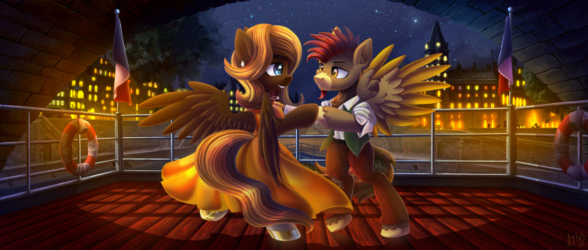 absurd_res atlas-66 brown_body brown_feathers clothing dancing dress equid equine feathers female hasbro hi_res male male/female mammal my_little_pony night outside pegasus wings