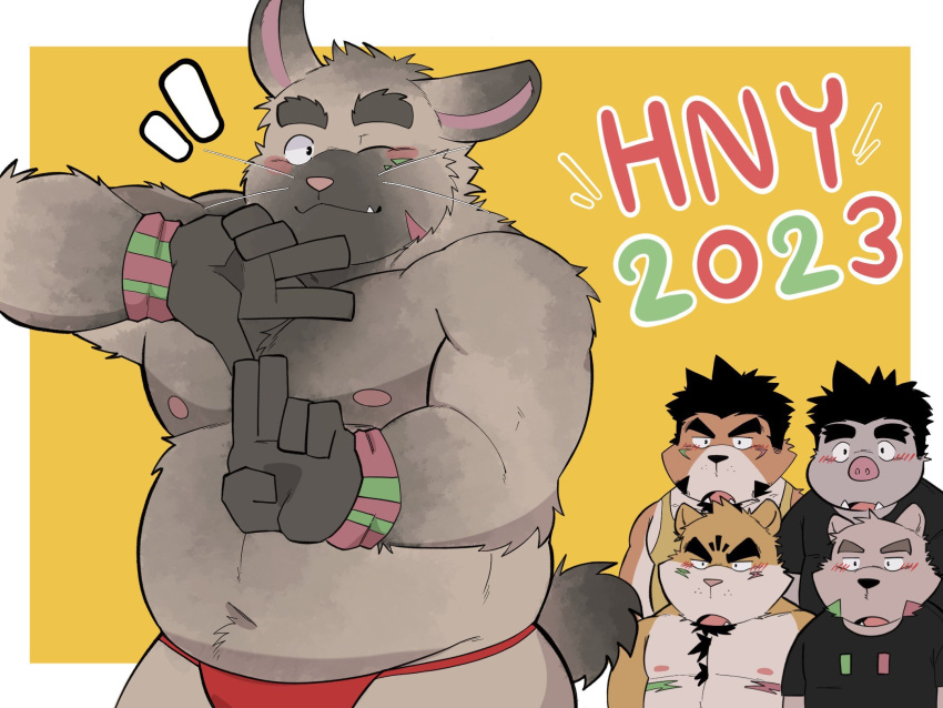 2023 4:3 asian_clothing blush canid canine canis chinese_new_year chinese_zodiac clothing domestic_dog east_asian_clothing fundoshi group hi_res holidays japanese_clothing lagomorph leporid male mammal new_year one_eye_closed overweight overweight_male rabbit red_clothing red_fundoshi red_underwear underwear whitebeast20 wink year_of_the_rabbit