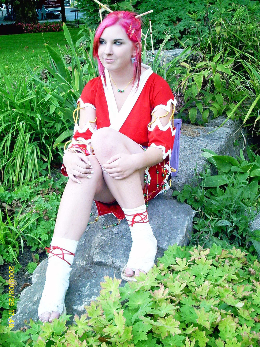 1girl cosplay earrings grass haruno_sakura highres jewelry legs looking_to_the_side naruto necklace photo pink_hair smile solo thighs toes