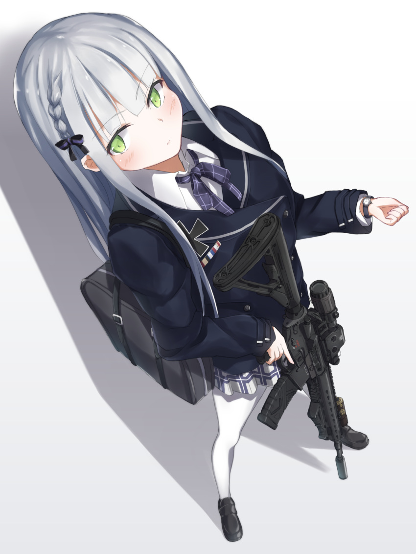 1girl assault_rifle bag blush braid commentary full_body girls_frontline green_eyes gun h&amp;k_hk416 highres hk416_(girls_frontline) holding holding_gun holding_weapon iron loafers long_hair medal pantyhose rifle school_bag school_uniform scope shadow shoes silver_hair solo suppressor tai_san_ps4 trigger_discipline watch weapon white_legwear wristwatch