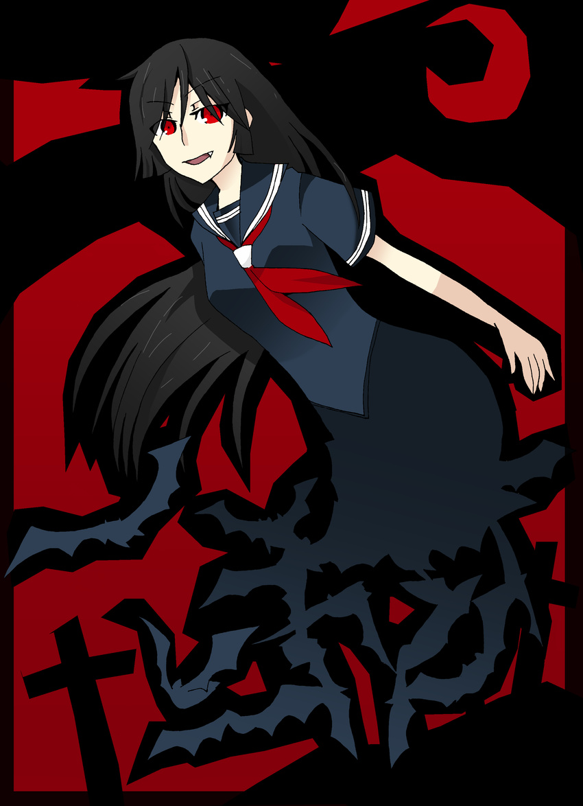 absurdres bat black_hair fang female highres kaibutsu_oujo kamura_reiri long_hair nanya red_eyes school_uniform solo