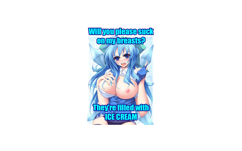 blue_hair breasts cirno cleavage food ice_cream large_breasts looking_at_viewer solo touhou truth wings