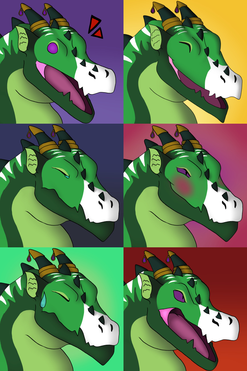 2:3 absurd_res accessory blush dragon egg_ox feral green_body green_dragon green_markings green_scales hi_res horn horn_jewelry horn_ring male markings open_mouth purple_eyes ring_(jewelry) scales scalie shaded simple_background simple_shading solo spikes western_dragon white_markings