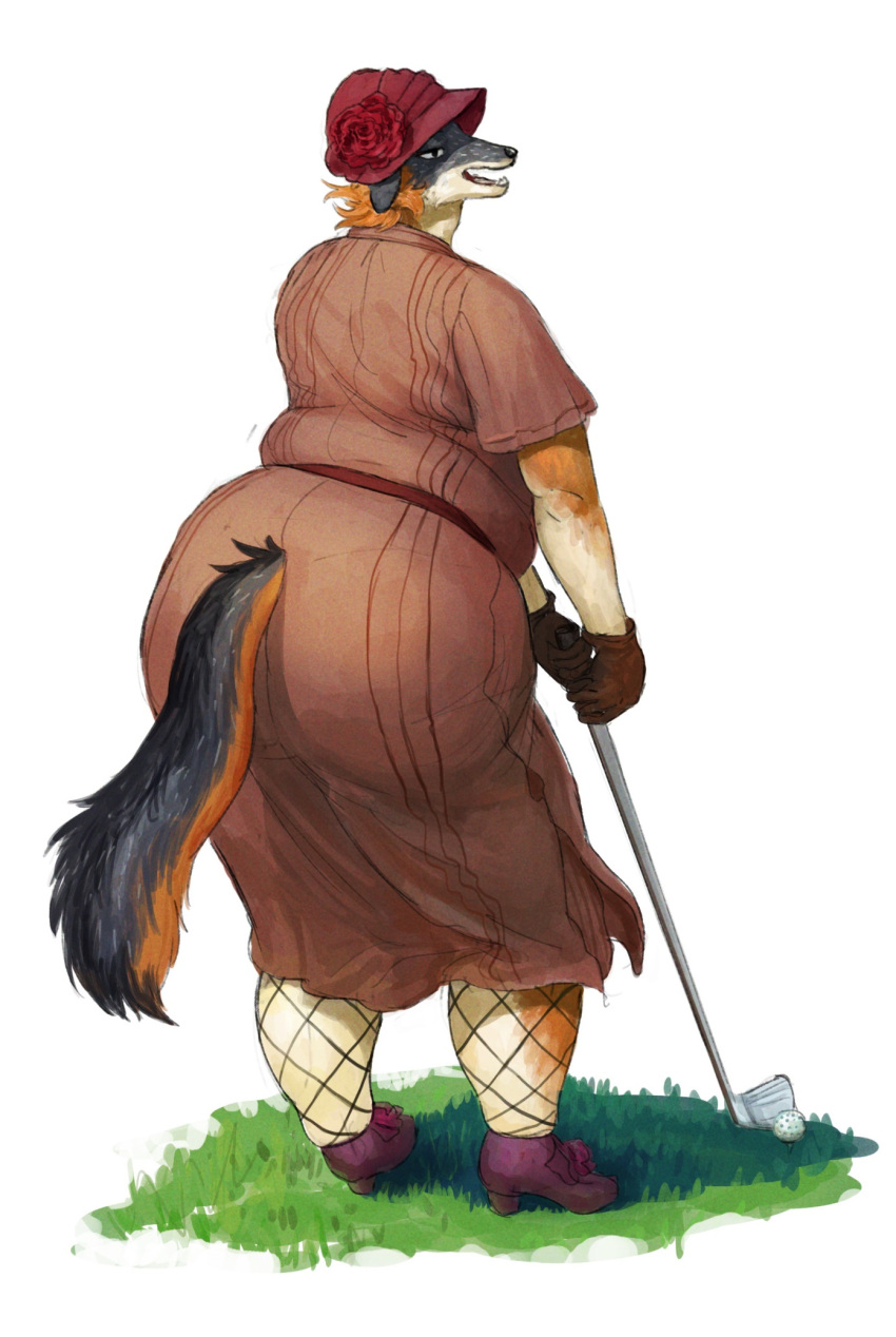 1920s 2021 anthro big_butt butt canid canine cettus clothing dress female fishnet flower footwear fox gloves golf golf_ball golf_club grass handwear hat headgear headwear hi_res holding_object ilona_spruyterveldt mammal overweight overweight_anthro overweight_female plant shoes simple_background solo standing white_background