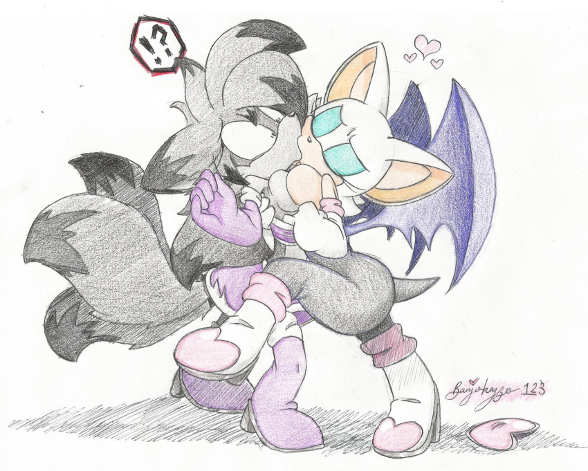 &lt;3 2016 ?! anthro banjokazoo123 bat blue_eyeshadow boots breast_squish breasts breasts_frottage canid canine canon_x_oc clothed clothing colored_pencil_(artwork) crossover dipstick_ears duo exposed eyes_closed eyeshadow fan_character female female/female footwear fox graphite_(artwork) hi_res kiss_on_lips kissing lust makeup mammal michelle_faine monochrome multi_tail multicolored_ears rouge_the_bat sega signature simple_background smile sonic_the_hedgehog_(series) squish surprise_kiss tail topless topless_anthro topless_female traditional_media_(artwork) white_background wings