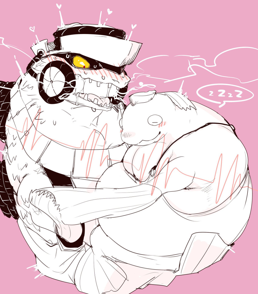 anthro armor belly big_shot_(splatoon) blush clothing cuddling duo fin fish hi_res male male/male marine nintendo overalls overweight salmonid_(splatoon) splatoon steelhead youtube_dande