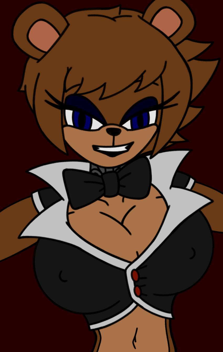 absurd_res animatronic anthro bear big_breasts bow_tie breasts brown_body brown_fur button_(fastener) cleavage clothed clothing crossgender eyelashes eyeshadow female five_nights_at_freddy's fredina's_nightclub fredina_(cally3d) fur hi_res humanoid jsprdrawss looking_at_viewer machine makeup mammal midriff navel nightclub nipple_outline robot scottgames simple_background small_waist smile smiling_at_viewer solo upper_body