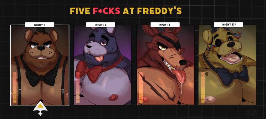 2022 absurd_res anthro areola barazoku bear beard bodily_fluids body_hair bonnie_(fnaf) bow_tie bust_portrait canid canine chest_hair clothing digital_media_(artwork) english_text eye_patch eyebrows eyewear facial_hair five_nights_at_freddy's flufflecraft fox foxy_(fnaf) freddy_(fnaf) golden_freddy_(fnaf) group hat headgear headwear hi_res lagomorph leporid male mammal muscular muscular_anthro muscular_male nipples open_mouth open_smile pecs portrait rabbit saliva scar scottgames smile suspenders teeth text tongue tongue_out top_hat whiskers