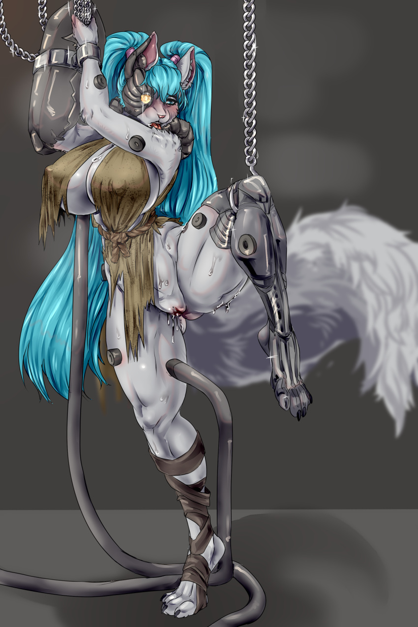 absurd_res anthro big_breasts blue_eyes blue_hair bodily_fluids bound breasts chain chain_collar chained_cuffs chained_up collar cuff_(restraint) cybernetic_arm cybernetic_eye cybernetic_limb cybernetics cyborg domestic_cat felid feline felinid felis female genital_fluids genitals grey_body hair hands_tied hi_res hlebushekuwu hochune_meowku iron_collar iron_cuffs looking_down machine mammal metal_claws metal_collar metal_cuffs pussy pussy_juice rags raised_leg restraints servitor slave small_waist solo spread_legs spreading steam story story_in_description submissive submissive_female sweat thick_thighs tongue tongue_out tube warhammer_(franchise) warhammer_40000