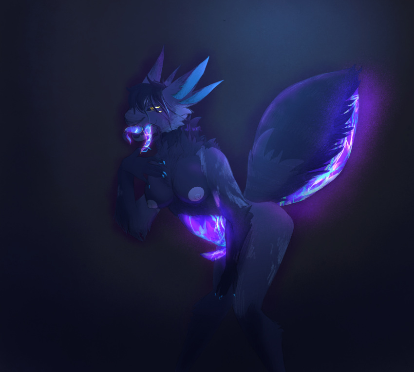 2_tongues 4_ears 4_eyes alien anthro arthropod arthropod_abdomen big_tail blue_body blue_fur breasts cheek_tuft covering covering_crotch covering_self dark_room elbow_tuft erection facial_tuft fulture fur genitals glowing glowing_body glowing_eyes glowing_genitalia glowing_tail glowing_tongue herm hi_res insect intersex looking_at_viewer mandibles multi_ear multi_eye multi_tongue neck_tuft neon nipples non-mammal_breasts penis segmented_body solo striped_body striped_fur stripes tail thick_tail tongue tuft yellow_eyes