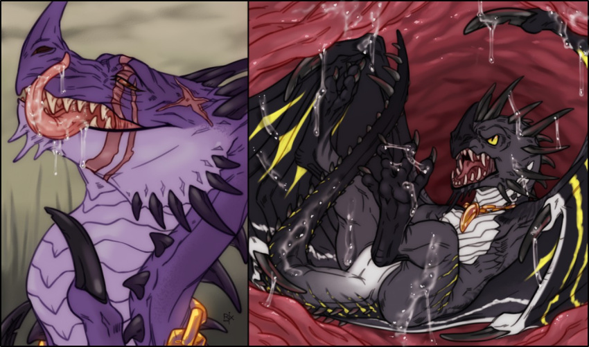 2_panel_comic ambiguous_gender angry anus artist_logo black_wings bodily_fluids chain cheek_spikes dragon drooling duo facial_scar facial_spikes feral internal licking licking_lips licking_own_lips logo long_neck membrane_(anatomy) membranous_wings narrowed_eyes open_mouth oral_vore purple_body red_tongue riorix saliva saliva_on_tongue scales scar self_lick sharp_teeth side_view simple_background spiked_tail spikes spikes_(anatomy) teeth tongue tongue_out vore white_body white_scales wings