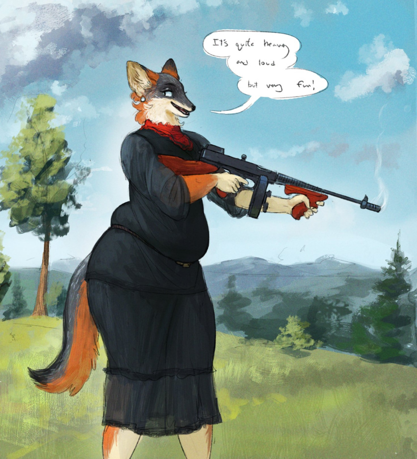 1920s 2021 anthro belly_overhang canid canine cettus chubby_belly clothing cloud day dialogue dress ear_piercing english_text female fox grass gun hi_res holding_object holding_weapon ilona_spruyterveldt love_handles mammal muffin_top outside piercing plant pudgy_belly ranged_weapon sky slightly_chubby slightly_chubby_anthro slightly_chubby_female solo standing submachine_gun text thompson_gun tight_clothing tree weapon