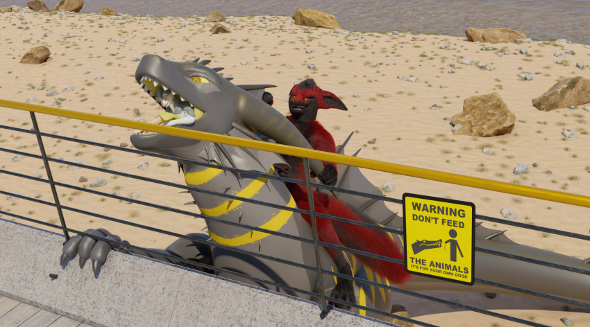 3d_(artwork) ambiguous_gender animal_humanoid anthro beach blender_cycles canid canid_humanoid canine canine_humanoid concrete damian danger_n00dle digital_media_(artwork) dragon feeding fence feral from_behind_position fur group hi_res humanoid mammal mammal_humanoid mounting n00dle outside racf92 railing ravik red_body red_fur rendered rexouium rocky_shore sand scalie seaside sex trio vore warning_sign wood_floor