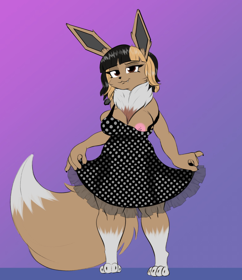 anthro breasts brown_eyes chest_tuft claws clothing cosmonaut curtsey dress dyed-hair eevee fangs female frilly generation_1_pokemon hair hi_res nintendo one_breast_out paws pokemon pokemon_(species) short_hair short_stack solo teeth tuft wardrobe_malfunction