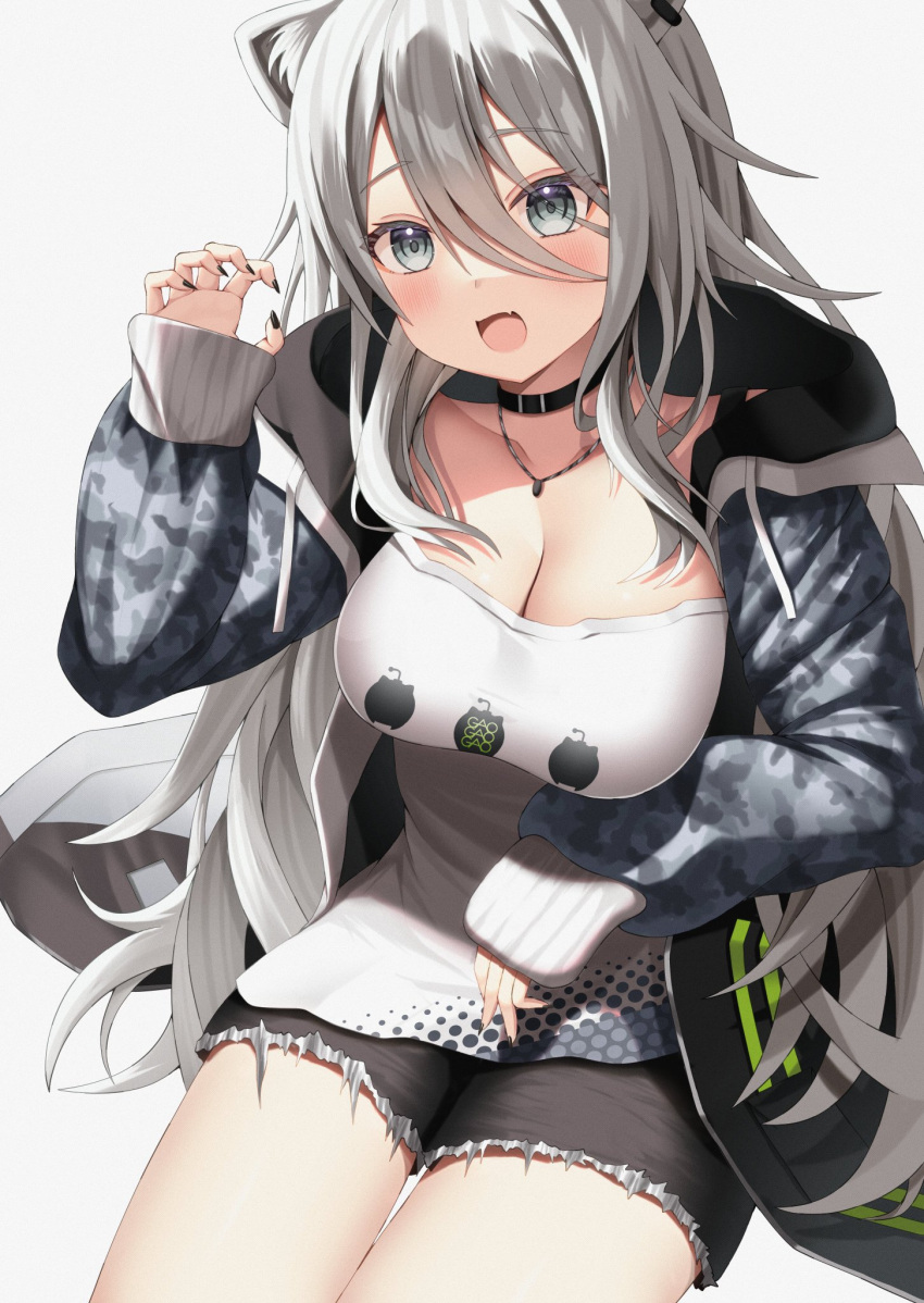 1girl animal_ears bangs black_nails black_shorts blush breasts choker cleavage coat collarbone cutoffs ear_piercing fur_trim grey_eyes grey_hair hair_between_eyes highres hololive jewelry koba_(kobako42) large_breasts lion_ears lion_girl lion_tail long_bangs long_hair long_sleeves looking_at_viewer messy_hair necklace official_alternate_costume open_clothes open_coat open_mouth piercing print_shirt shirt shishiro_botan short_shorts shorts sitting sleeves_past_wrists smile solo tail thigh_gap very_long_hair virtual_youtuber