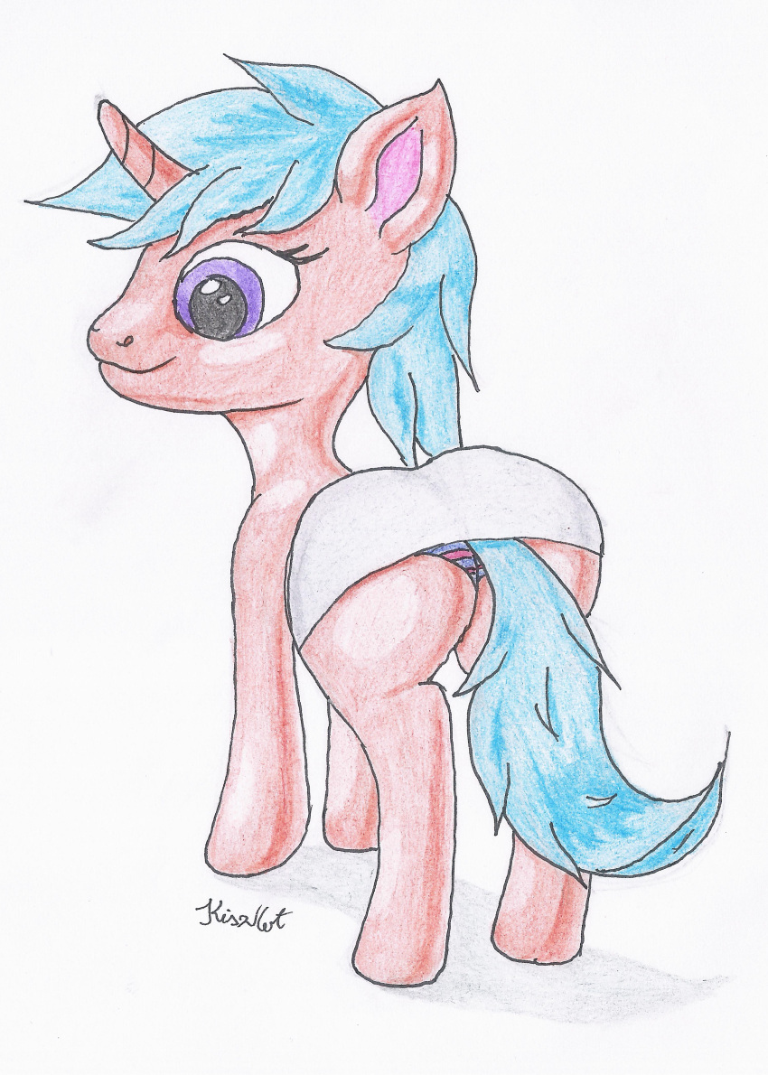 absurd_res blue_hair bottomwear brown_body brown_fur butt clothed clothed_feral clothing colored colored_pencil_(artwork) equid equine female feral fur graphite_(artwork) hair hasbro hi_res horn horse kiszkot mammal my_little_pony panties panties_on_feral pattern_bottomwear pattern_clothing pattern_panties pattern_underwear pencil_(artwork) pony purple_eyes rear_view shaded signature simple_background skirt solo striped_bottomwear striped_clothing striped_panties striped_underwear stripes text traditional_media_(artwork) underwear unicorn upskirt white_background