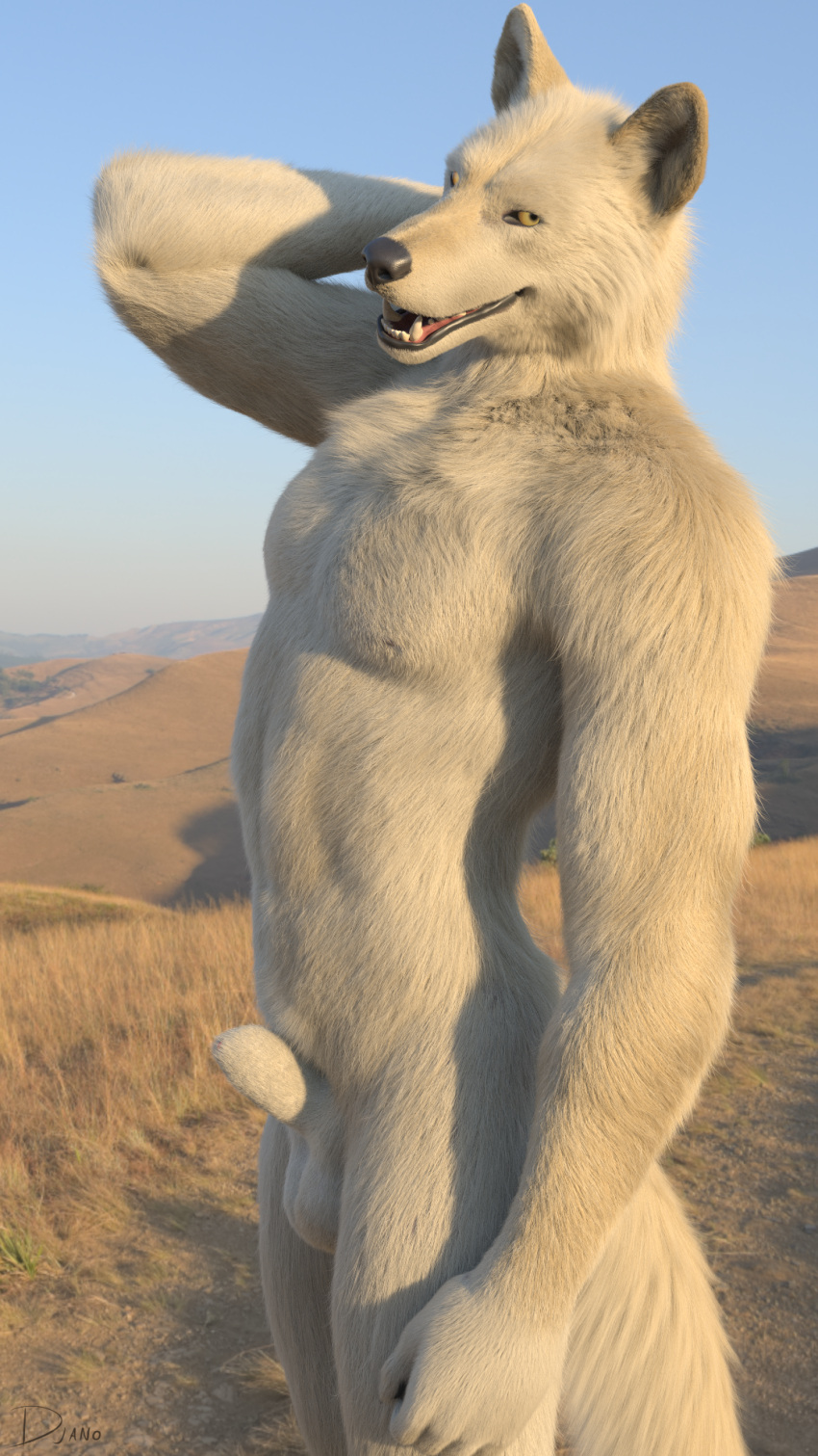 3d_(artwork) 9:16 animal_genitalia animal_penis anthro balls black_lips black_nose canid canine canine_penis canis chest_tuft day detailed_background digital_media_(artwork) djano fangs fully_sheathed fur genitals grass grassland hi_res hill light lips looking_at_viewer male mammal muscular muscular_anthro muscular_male nipples nude open_mouth pecs penis plant raised_arm realistic realistic_anatomy realistic_fur sand shadow sheath sky solo standing sunlight teeth tongue tuft white_body white_fur wolf yellow_eyes