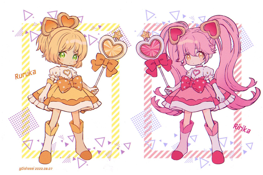 #compass 2girls bangs blonde_hair blush boots bow character_name dated dress elbow_gloves full_body gloves green_eyes hair_bow hair_ornament heart heart_hair_ornament highres holding holding_wand long_hair looking_at_viewer mameeekueya multiple_girls open_mouth orange_dress orange_footwear pink_bow pink_footwear pink_hair puffy_sleeves ririka_(#compass) ruruka_(#compass) short_sleeves skirt twintails twitter_username very_long_hair wand white_gloves yellow_eyes