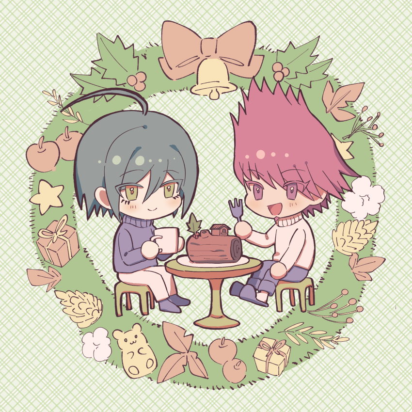 2boys :d absurdres apple bangs blush brown_eyes chair christmas_ornaments cup danganronpa_(series) danganronpa_v3:_killing_harmony facial_hair food fork fruit goatee grey_pants grey_sweater highres holding holding_cup holding_fork long_sleeves male_focus momota_kaito multiple_boys open_mouth pants pink_hair purple_sweater saihara_shuuichi shiny shiny_hair shoes sitting smile spiked_hair star_(symbol) sweater table visket53 wood