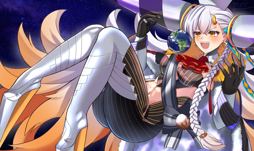 ascot ass bangs black_gloves braid breasts byte-artist cape detached_collar earrings earth_(planet) fate/grand_order fate_(series) floating fur_cape fur_collar gloves gradient_hair hair_ornament high_heels highres horns jewelry lips long_hair medium_breasts mixed-language_commentary multicolored_hair navel olga_marie_animusphere open_mouth orange_eyes orange_hair pink_lips planet red_ascot ring shirt single_braid single_horn smile teeth two-tone_hair u-olga_marie upper_teeth_only very_long_hair white_cape white_shirt yellow_horns