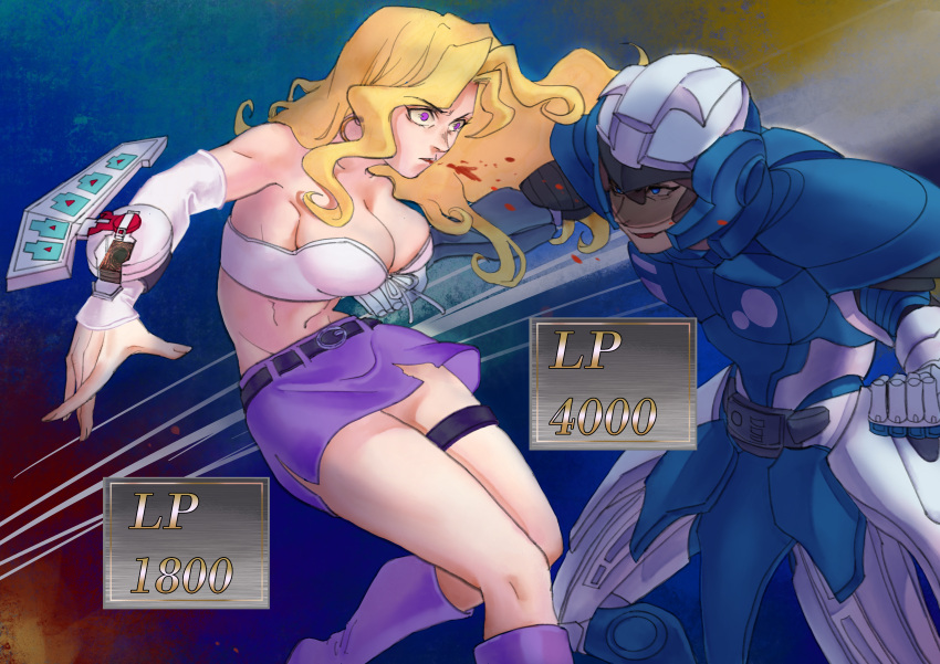 1boy 1girl absurdres armor belt black_belt blonde_hair blood blue_eyes bra breasts cleavage duel_disk helm helmet highres kujaku_mai large_breasts long_hair midriff navel psychic_armor punching purple_eyes purple_skirt skirt smile tha_d underwear valon_(yu-gi-oh!) white_bra white_sleeves yu-gi-oh! yu-gi-oh!_duel_monsters