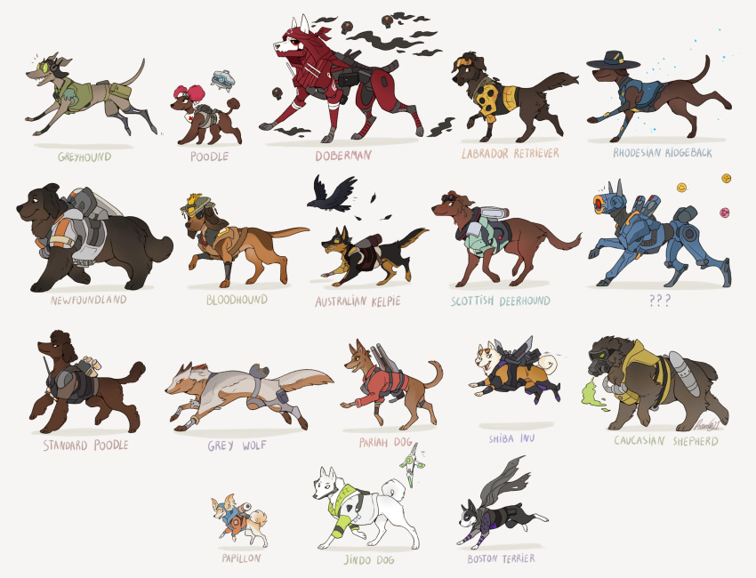 animal animal_name animalization apex_legends bandana bangalore_(apex_legends) bird black_scarf black_sclera bloodhound_(apex_legends) boston_terrier brown_eyes cartoonized caustic_(apex_legends) clothed_animal colored_sclera crow crypto_(apex_legends) d.o.c._health_drone doberman dog english_commentary everyone fuse_(apex_legends) galehowl gas_mask gibraltar_(apex_legends) goggles greyhound hack_(apex_legends) helmet highres horizon_(apex_legends) jacket jetpack jindo_dog labrador_retriever lifeline_(apex_legends) loba_(apex_legends) looking_back mask mirage_(apex_legends) newfoundland no_humans non-humanoid_robot octane_(apex_legends) one_eye_covered open_mouth orange_jacket papillon_(dog) pathfinder_(apex_legends) poodle rampart_(apex_legends) red_bandana red_jacket revenant_(apex_legends) rhodesian_ridgeback robot robot_animal robot_dog scarf seer_(apex_legends) sharp_teeth sheila_(minigun) shiba_inu simple_background skull smile teeth toon_(style) valkyrie_(apex_legends) wattson_(apex_legends) white_jacket wolf wraith_(apex_legends) yellow_eyes