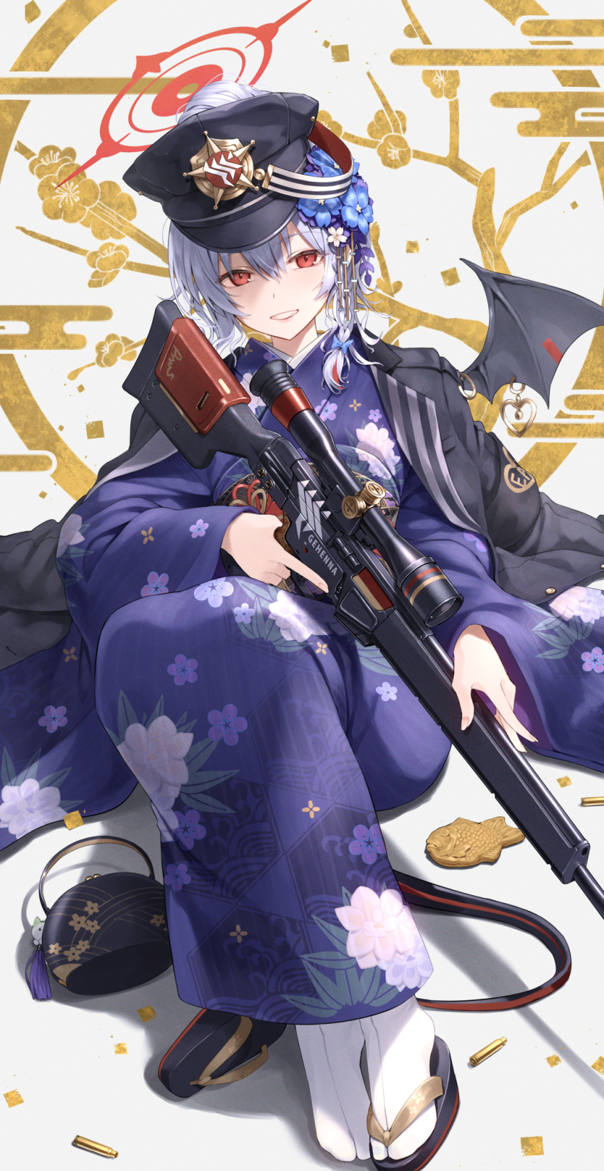 1girl bangs blue_archive demon_wings egasumi feet floral_print flower food greenkohgen grey_hair grin gun hair_between_eyes hair_flower hair_ornament halo haruna_(blue_archive) haruna_(new_year)_(blue_archive) hat highres holding holding_gun holding_weapon japanese_clothes kimono knees_up looking_at_viewer no_shoes print_kimono red_eyes rifle sandals sandals_removed shell_casing single_sandal sitting smile sniper_rifle solo tabi taiyaki wagashi weapon wings