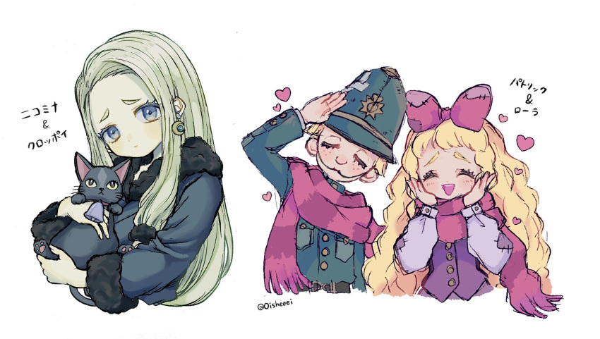 1boy 2girls ace_attorney animal bangs blonde_hair blue_eyes bow cat closed_eyes closed_mouth coat couple crescent crescent_earrings earrings fur_trim green_headwear hair_bow hands_on_own_face hat heart highres holding holding_animal holding_cat jewelry lola_o'malley long_hair long_sleeves looking_at_viewer mameeekueya mouth_hold multiple_girls nikolina_pavlova open_mouth patrick_o'malley pink_scarf salute scarf simple_background smile standing the_great_ace_attorney the_great_ace_attorney:_adventures the_great_ace_attorney_2:_resolve upper_body white_background