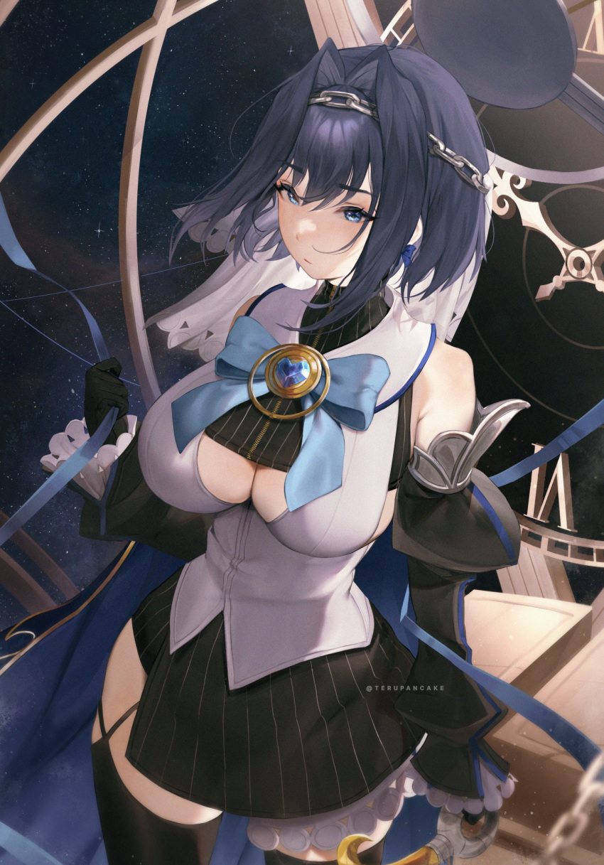 1girl bad_id bad_pixiv_id bangs bare_shoulders black_gloves black_skirt black_thighhighs blue_eyes blue_hair blue_ribbon breasts chain_headband cleavage_cutout clothing_cutout cowboy_shot detached_sleeves gloves hair_between_eyes hair_intakes halo headband heart-shaped_gem highres hololive hololive_english large_breasts mechanical_halo medium_hair ouro_kronii ribbon shirt skirt solo terupancake thighhighs veil virtual_youtuber white_shirt