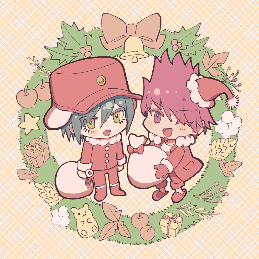 2boys :d ;d absurdres bangs blush brown_eyes chibi christmas_ornaments danganronpa_(series) danganronpa_v3:_killing_harmony fur_collar hat highres holding holding_sack jacket long_sleeves male_focus momota_kaito multiple_boys one_eye_closed open_clothes open_jacket open_mouth pants pink_hair red_headwear red_jacket red_pants sack saihara_shuuichi santa_hat shoes smile visket53