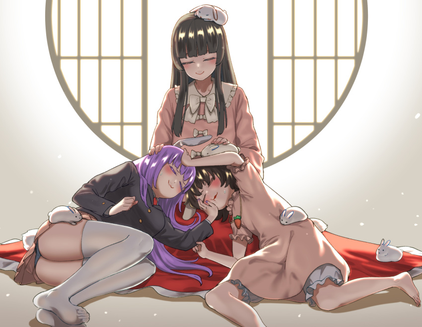 3girls :3 animal_ears animal_on_head ass bangs barefoot black_hair black_jacket black_panties bloomers bow bowtie breasts carrot_necklace chinese_zodiac closed_eyes closed_mouth commentary_request commission dress flat_chest floppy_ears full_body headpat highres hime_cut houraisan_kaguya inaba_tewi jacket jewelry lap_pillow large_breasts long_hair long_skirt miniskirt multiple_girls necklace necktie nekobatake no_shoes on_head open_mouth panties pink_dress pink_shirt pink_skirt pixiv_commission purple_hair pushing_away pushing_face rabbit rabbit_ears rabbit_girl rabbit_on_head rabbit_tail red_necktie red_skirt reisen_udongein_inaba round_window shirt short_hair skirt smile sweatdrop tail thighhighs touhou underwear very_long_hair white_bloomers white_bow white_bowtie white_thighhighs window year_of_the_rabbit