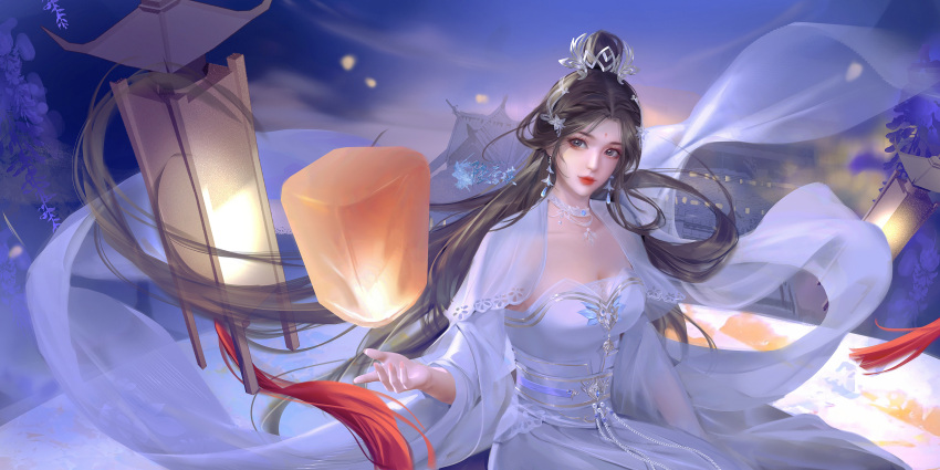 1girl absurdres artist_request brown_hair building choker closed_mouth dress earrings facial_mark forehead_mark from_above hair_bun hair_ornament highres jewelry lantern long_hair long_sleeves lu_xueqi_(zhu_xian) outstretched_hand sash second-party_source smile solo upper_body white_dress zhu_xian