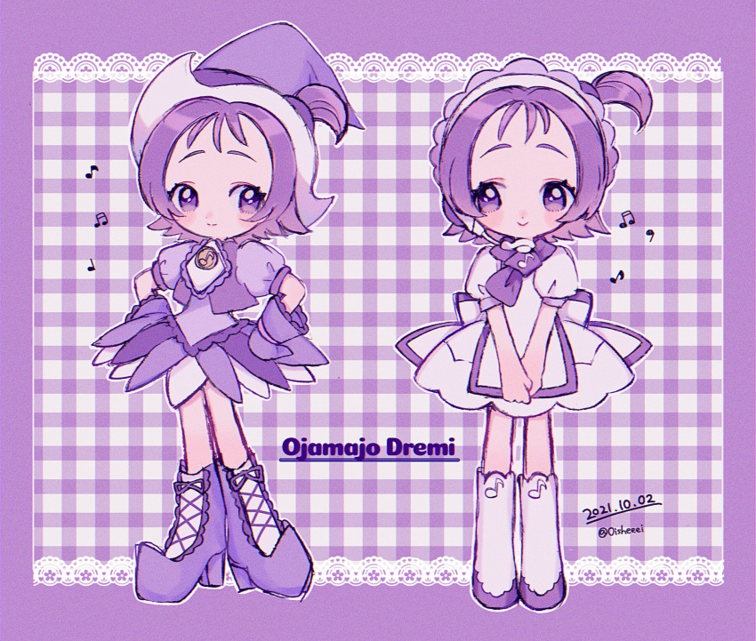 1girl blush boots copyright_name dated dress earrings full_body gloves hands_on_hips hat highres jewelry knee_boots magical_girl mameeekueya multiple_views musical_note ojamajo_doremi one_side_up own_hands_together purple_dress purple_eyes purple_footwear purple_hair purple_headwear segawa_onpu short_hair side_ponytail smile twitter_username typo white_dress white_footwear witch_hat