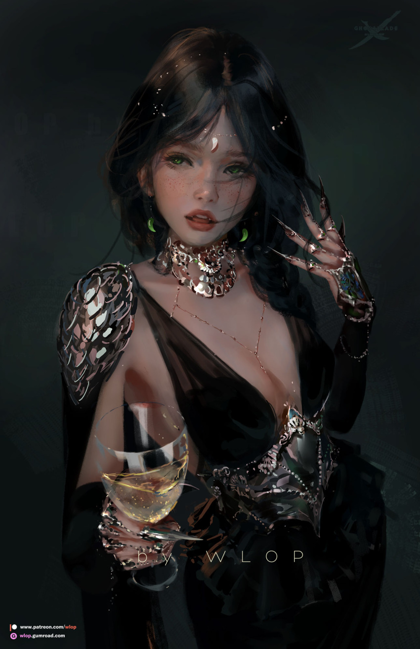 1girl artist_name black_dress black_hair breasts chain claw_ring cup dress drinking_glass earrings gem ghostblade gold_chain green_eyes green_gemstone head_chain highres jewelry long_hair looking_at_viewer magatama magatama_earrings medium_breasts open_mouth patreon_logo patreon_username princess_aeolian red_lips solo watermark web_address wine_glass wlop