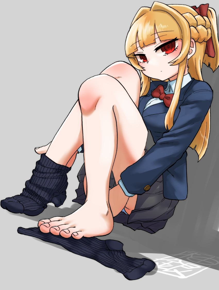 1girl absurdres barefoot black_socks blonde_hair closed_mouth feet highres looking_at_viewer original pleated_skirt red_eyes removing_sock school_uniform simple_background sitting skirt socks socks_removed solo toes yuzu_gin_(pika97)