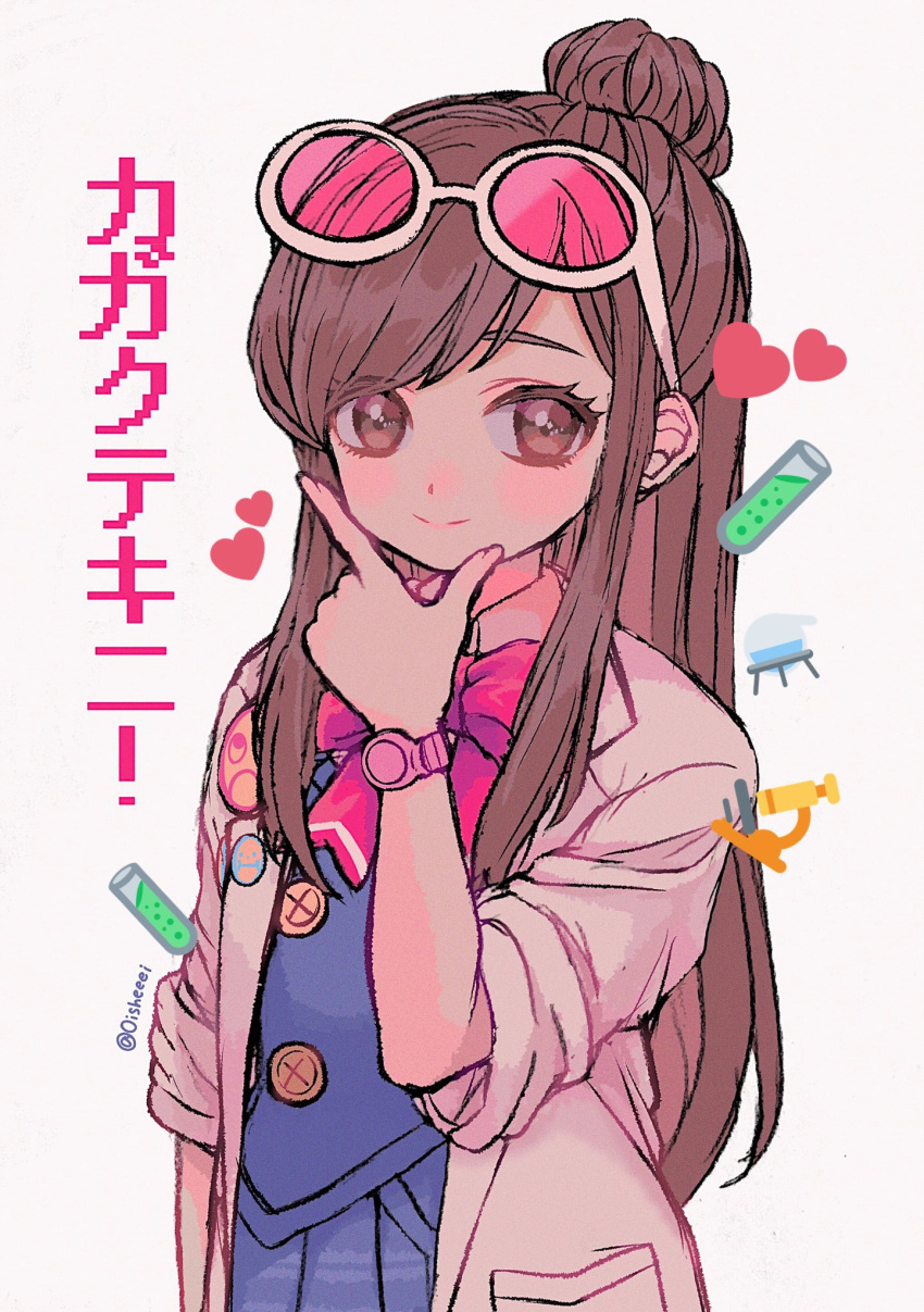 1girl ace_attorney bangs blue_jacket blue_skirt blush bow brown_eyes brown_hair closed_mouth ema_skye eyewear_on_head glasses half_updo hand_on_own_chin heart highres jacket labcoat long_hair long_sleeves looking_at_viewer mameeekueya phoenix_wright:_ace_attorney pink_bow skirt sleeves_rolled_up smile solo sunglasses watch wristwatch