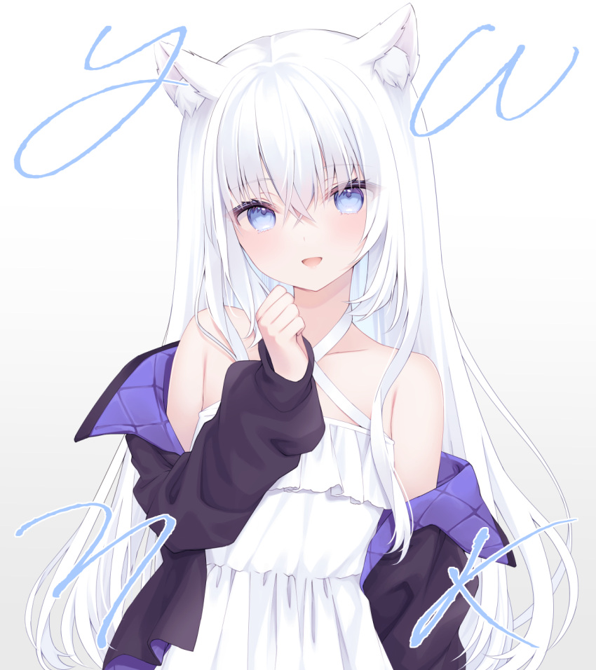 1girl :d animal_ears black_jacket blue_eyes cat_ears cat_girl dress halter_dress halterneck highres jacket kanora long_hair long_sleeves looking_at_viewer miqo'te off_shoulder open_clothes open_jacket original smile white_dress white_hair