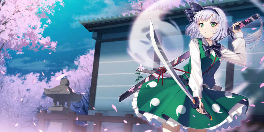 1girl belt black_bow black_bowtie black_hairband black_ribbon bow bow_hairband bowtie cherry_blossoms cibo_(killy) collared_shirt cowboy_shot dual_wielding flower green_eyes green_skirt green_vest hair_ribbon hairband hitodama hitodama_print holding katana konpaku_youmu konpaku_youmu_(ghost) long_sleeves outdoors petals petticoat ribbon scabbard sheath sheathed shirt short_hair skirt skirt_set solo stone_lantern sword tassel touhou tree vest weapon white_hair white_shirt