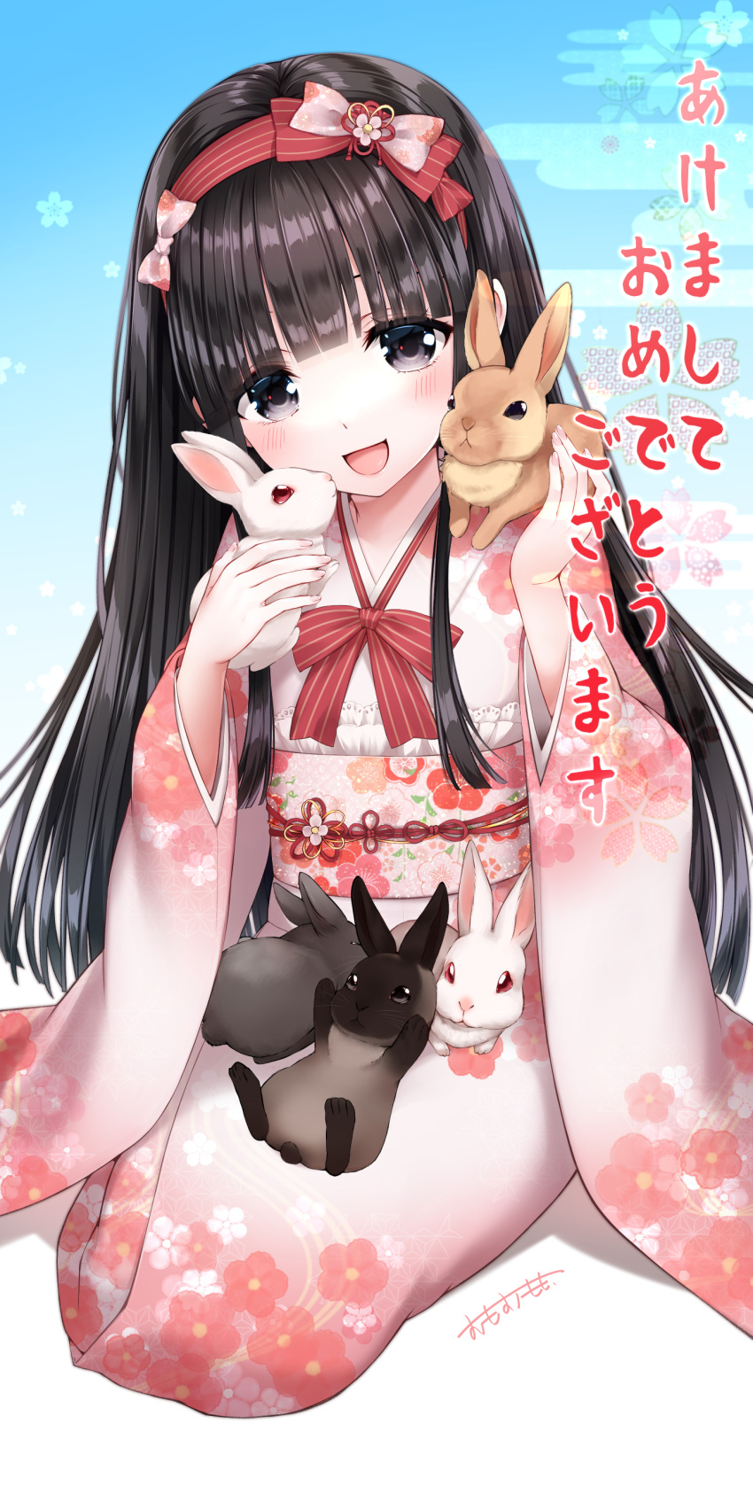 1girl :d absurdres animal_on_lap animal_on_shoulder black_hair bow chinese_zodiac commentary_request egasumi floral_print grey_eyes hairband highres japanese_clothes kimono long_hair long_sleeves looking_at_viewer nengajou new_year obi omoomomo on_lap original pink_kimono print_kimono rabbit red_bow red_hairband sash smile solo striped striped_bow striped_hairband translation_request very_long_hair white_kimono wide_sleeves year_of_the_rabbit