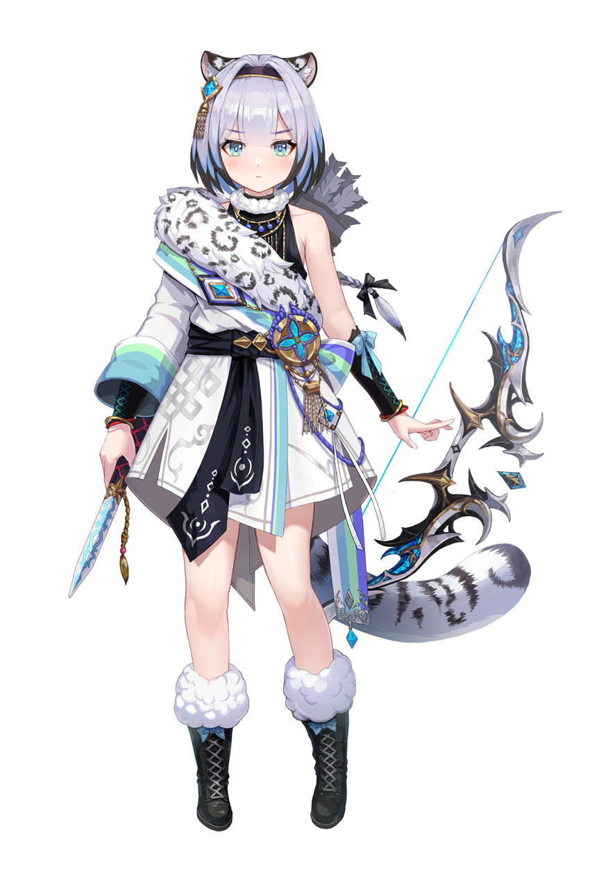 1girl animal_ears aqua_eyes arm_out_of_sleeve bangs black_footwear black_hair boots bow_(weapon) braid braided_ponytail dagger ddcc0123 full_body fur_trim hadanugi_dousa hairband highres holding holding_dagger holding_knife holding_weapon knee_boots knife leopard_ears leopard_girl leopard_tail long_hair long_sleeves looking_at_viewer multicolored_hair original quiver simple_background solo standing tail weapon white_background white_hair