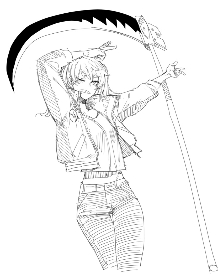 1girl belt d: denim greyscale hands_up highres jacket jeans looking_at_viewer maka_albarn midriff monochrome navel one_eye_closed open_clothes open_jacket pants ratatatat74 scythe shirt simple_background sketch solo soul_eater soul_evans thigh_gap twintails v w white_background