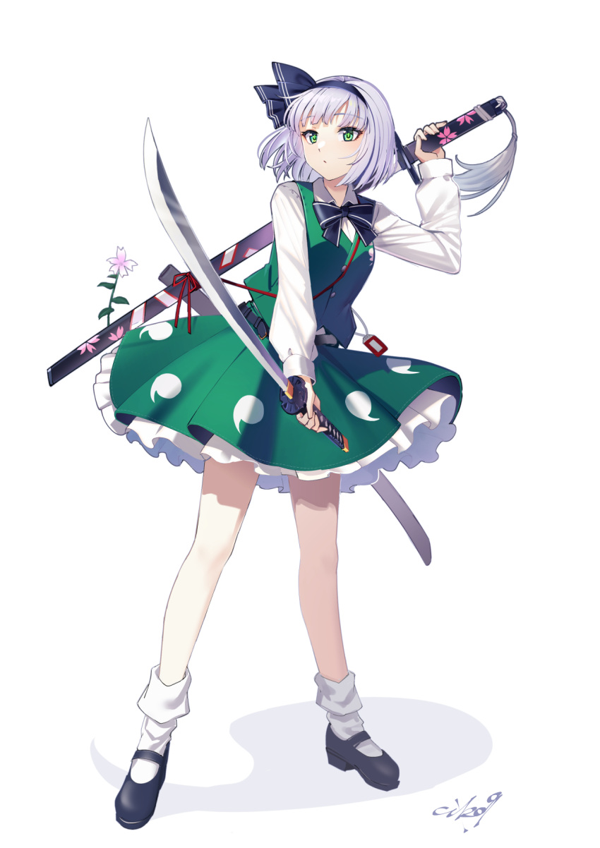 1girl belt black_bow black_bowtie black_footwear black_hairband bobby_socks bow bow_hairband bowtie cibo_(killy) collared_shirt dual_wielding flower full_body green_eyes green_skirt green_vest hair_ribbon hairband highres hitodama_print holding katana konpaku_youmu long_sleeves mary_janes petticoat ribbon scabbard sheath sheathed shirt shoes short_hair signature simple_background skirt socks solo standing sword tachi-e tassel touhou vest weapon white_background white_hair white_shirt white_socks