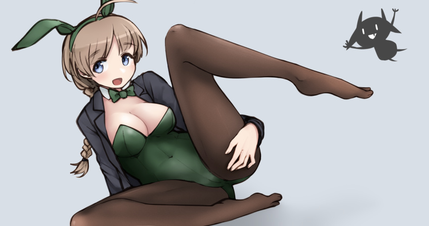 1girl ahoge animal_ears black_pantyhose bow bowtie braid breasts brown_hair cleavage covered_navel detached_collar green_bow green_bowtie green_leotard grey_background grey_eyes grey_jacket happy_new_year highres jacket leotard lynette_bishop m1saki_1 medium_breasts miyafuji_yoshika open_clothes open_jacket pantyhose playboy_bunny rabbit_ears rabbit_tail silhouette_demon simple_background single_braid solo spread_legs strike_witches tail world_witches_series wrist_cuffs