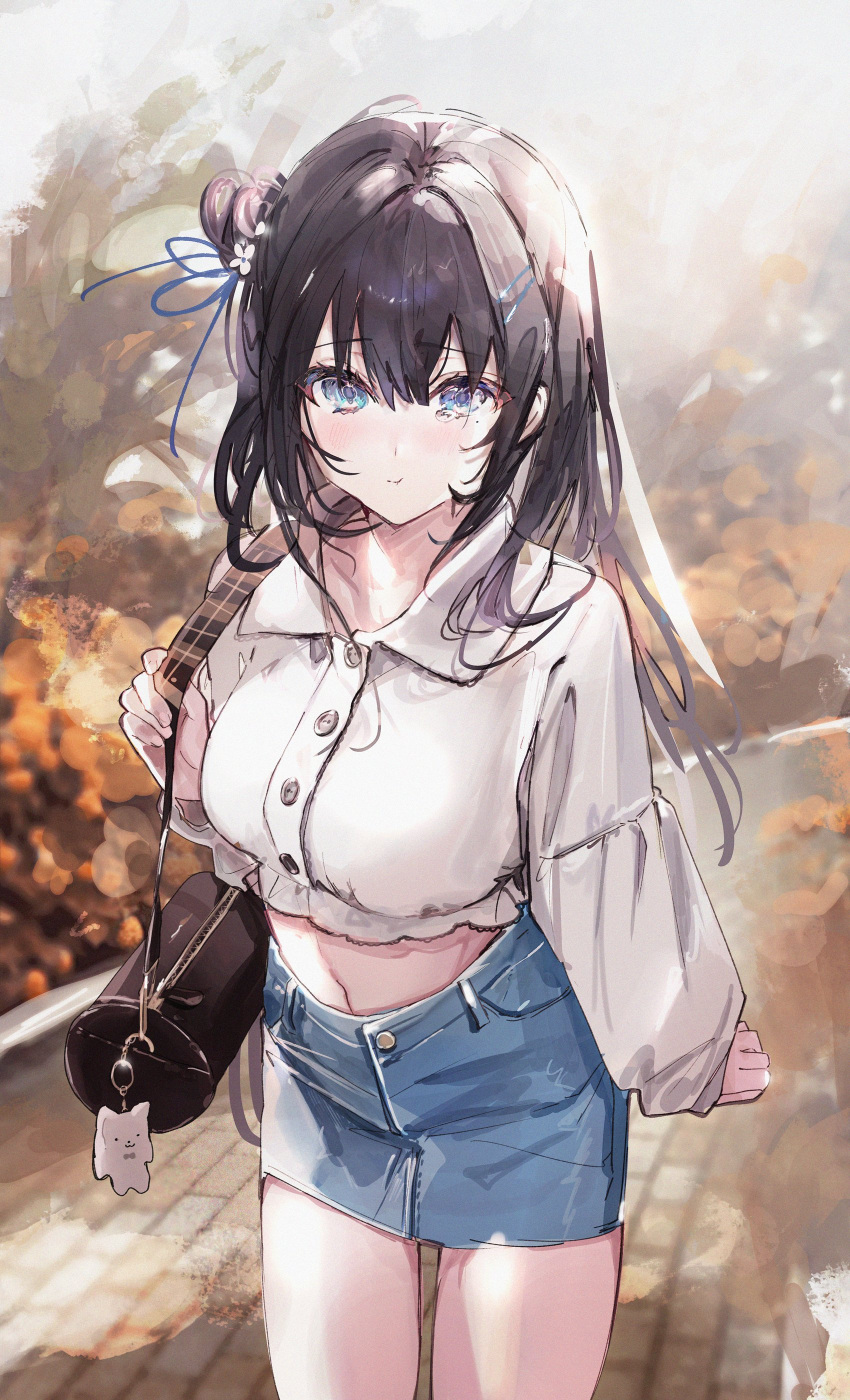 1girl absurdres animal_keychain bag bangs black_bag black_hair blue_eyes breasts buttons closed_mouth collared_shirt cowboy_shot crop_top denim denim_shorts hair_bun hair_intakes hair_ornament hairclip handbag highres holding_strap keychain long_hair long_sleeves looking_at_viewer medium_breasts midriff_peek mole mole_under_eye original outdoors path pouty_lips shia_job shirt shorts sketch solo standing tearing_up thighs white_shirt