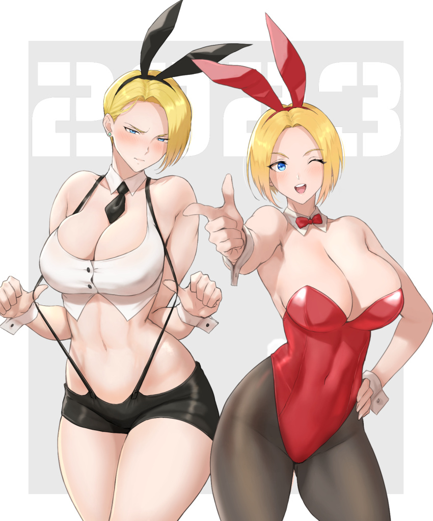 2023 2girls anagumasan animal_ears bare_shoulders blonde_hair blue_mary blush bow bowtie breasts cleavage contrapposto covered_navel covered_nipples cowboy_shot crop_top detached_collar embarrassed fake_animal_ears fatal_fury finger_gun highres king_(snk) large_breasts leotard looking_at_viewer midriff multiple_girls necktie new_year one_eye_closed pantyhose playboy_bunny pointing pointing_at_viewer rabbit_ears red_leotard ryuuko_no_ken shorts snk strap_pull suspender_shorts suspenders the_king_of_fighters wrist_cuffs