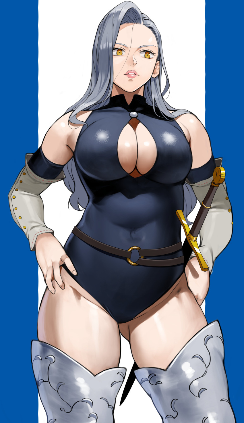 1girl absurdres armored_boots ass_visible_through_thighs bare_shoulders belt blue_hair blue_leotard boots breasts cleavage cleavage_cutout clothing_cutout detached_sleeves hands_on_hips highres jericho_(nanatsu_no_taizai) large_breasts leotard light_blue_hair lips long_hair mokushiroku_no_yonkishi nanatsu_no_taizai parted_lips sheath sheathed simple_background skin_tight solo stray_hair sword thigh_boots weapon yellow_eyes yoshio_(55level)
