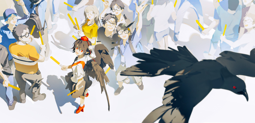 1girl :d bangs bird black_hair black_skirt black_wings commentary_request crow crowd feathered_wings from_above hat highres holding huang_gua looking_at_viewer open_mouth people pointy_ears pom_pom_(clothes) red_eyes red_footwear red_headwear shameimaru_aya shirt short_hair short_sleeves skirt smile tokin_hat touhou white_shirt wings
