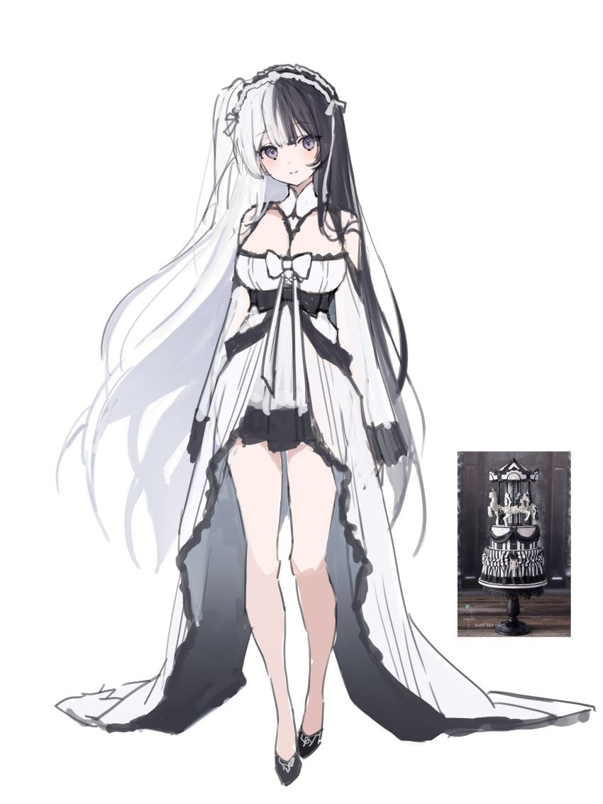 1girl absurdres black_hair bow breasts chungu cleavage closed_mouth dress grey_eyes head_tilt highres long_hair looking_at_viewer multicolored_hair original personification smile solo split-color_hair standing two-tone_hair very_long_hair white_bow white_dress white_hair