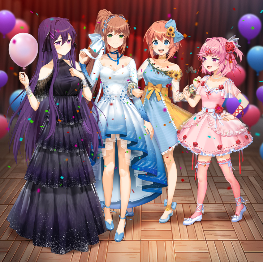 4girls :d alternate_costume balloon bare_shoulders black_dress blue_bow blue_dress blue_eyes blue_footwear bow breasts brown_hair cleavage commentary confetti doki_doki_literature_club dress english_commentary flower full_body green_eyes hair_flower hair_ornament hairclip hand_on_hip long_dress long_hair long_sleeves medium_breasts monika_(doki_doki_literature_club) multiple_girls natsuki_(doki_doki_literature_club) new_year official_art open_mouth pink_dress pink_eyes pink_hair pink_thighhighs ponytail purple_eyes purple_hair satchely sayori_(doki_doki_literature_club) shoes short_hair short_sleeves small_breasts smile thighhighs twintails white_dress white_footwear yuri_(doki_doki_literature_club)