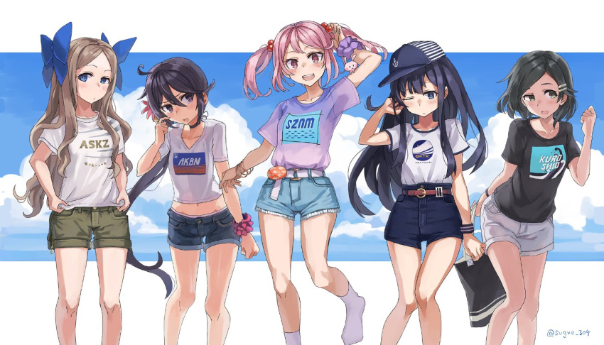 5girls ahoge akatsuki_(kancolle) akebono_(kancolle) alternate_costume asakaze_(kancolle) bag bangs baseball_cap bell black_eyes black_hair black_shirt blue_bow blue_eyes blue_shorts blue_sky bow casual character_name cloud cutoffs denim denim_shorts feet_out_of_frame flower green_shorts grey_eyes grey_hair hair_bell hair_bobbles hair_bow hair_flower hair_ornament hairclip hat jingle_bell kantai_collection kuroshio_(kancolle) light_brown_hair long_hair multiple_girls navel parted_bangs pink_eyes pink_hair purple_shirt rabbit sazanami_(kancolle) scrunchie shirt short_hair shorts side_ponytail sky socks sugue_tettou twintails very_long_hair wavy_hair white_shirt white_shorts wrist_scrunchie